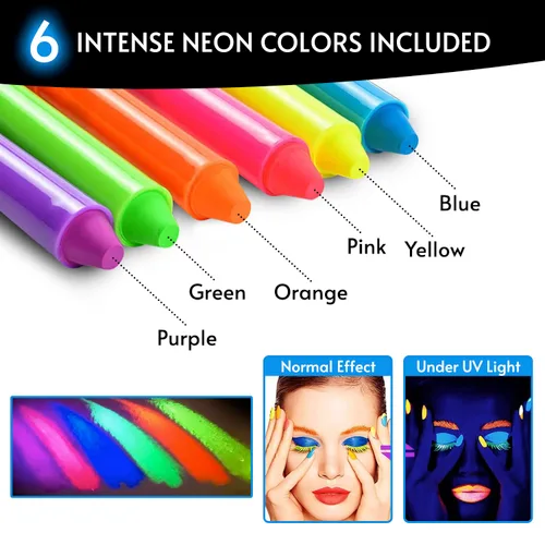Vista 3 de Glow King Crayones reactivos a la luz negra Pintura que brilla en la oscuridad para rostro y cuerpo Varillas luminosas intensas para fiestas