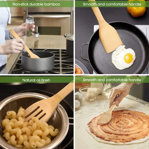Vista 3 de LorisArm Juego de utensilios de cocina antiadherentes de 12 ″ para cocinar de bambú de 6 piezas, espátula de madera, cuchara antiadherente.