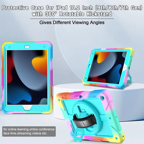 Vista 5 de LTROP Funda para iPad de 9ª/8ª/7ª generación (2021/2020/2019), Funda para iPad de 10.2" a prueba de golpes con correa para el hombro, soporte