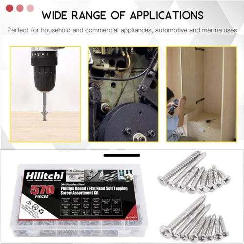 Vista 5 de Hilitchi 570 unidades de tornillos autoperforantes modelos M 3 4 5 6, de acero inoxidable con cabeza plana y Phillips, kit de tornillos surtidos