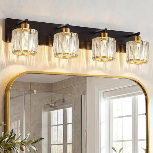 Vista 10 de VOLISUN Luces de Tocador de Cristal - 2 Luces Modernas de Acero Inoxidable para Baño Sobre Espejo, Acabado Cromado - Certificado UL
