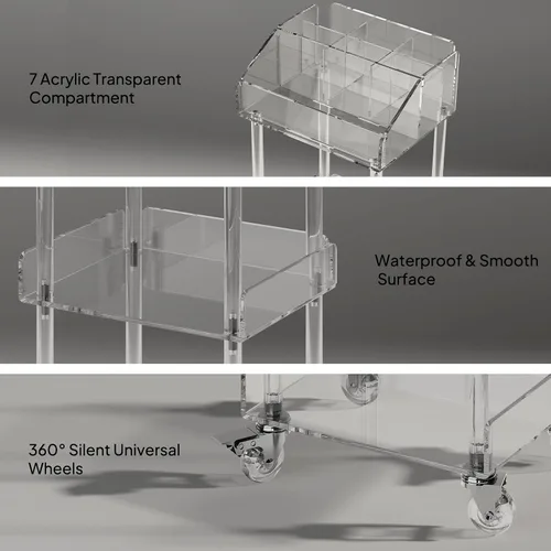 Vista 5 de Aquiver Organizador de Maquillaje Acrílico Carrito de Almacenamiento - Carrito de Maquillaje Rodante de 3 Niveles Organizador de Tocador - Estuches