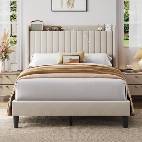 Vista 11 de Yaheetech Base de cama tamaño Queen con estación de carga USB y estante de almacenamiento/plataforma de cabecera tapizada con lado de ala/soporte