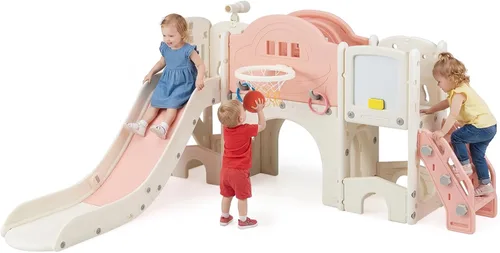 Vista 11 de Costzon Juego de tobogán 10 en 1 para niños pequeños, juego de tobogán y escalador con pizarra magnética, juego de anillos, aro de baloncesto, túnel