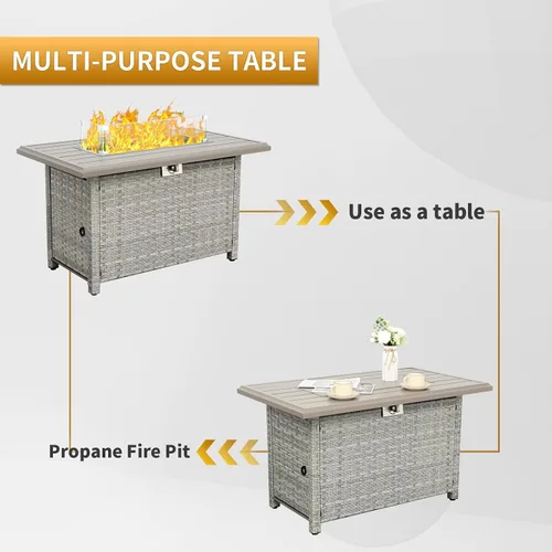 Vista 5 de WAROOM Fogata de propano para exteriores, mesa de fogata de patio de mimbre PE de 43 pulgadas con protector contra el viento de vidrio, vidrio