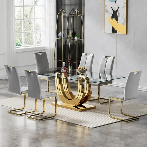 Vista 59 de Juego de mesa de comedor de vidrio de 70 pulgadas para 4, mesa rectangular de cristal dorado con 4 sillas de piel sintética, juego de mesa de Mesa