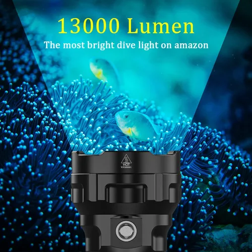 Vista 2 de Luz de buceo, D70 13000 lúmenes súper brillante linterna de buceo, luces de buceo recargables subacuáticas linterna impermeable para bajo el agua