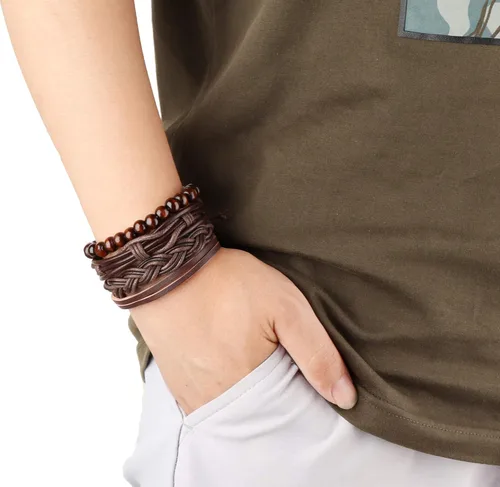 Vista 6 de Brazalete Jstyle de piel trenzada, ajustable, con cuentas de madera, envolvente, 17 unidades para hombre y mujer