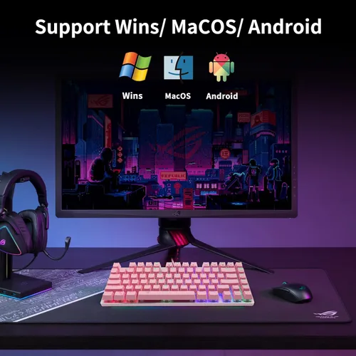 Vista 7 de HUO JI Z-88 Teclado mecánico para juegos, retroiluminación LED, 81 teclas, teclado compacto USB con cable, interruptores marrones, rosa