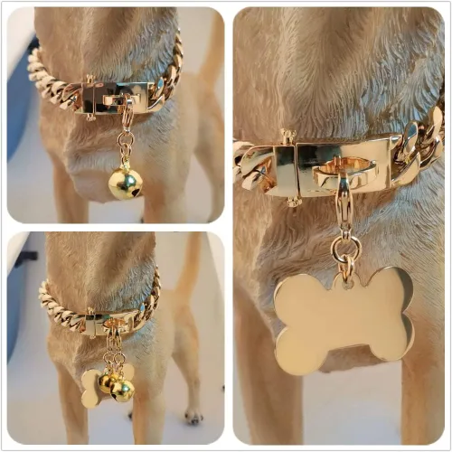 Vista 6 de Collar de oro para perro de 18 quilates, cadena de eslabones cubanos de 0.591 in/0.748 in de ancho, a prueba de mordidas, fuerte entrenamiento