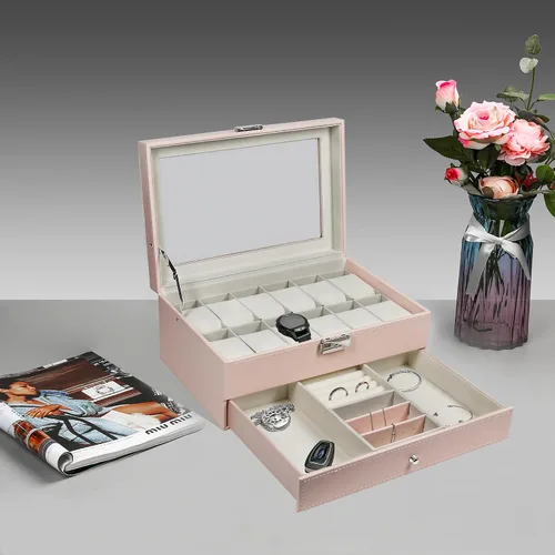 Vista 2 de Ogrmar Cajas de almacenamiento de relojes de piel sintética con 12 ranuras, para hombres y mujeres, estuche organizador de 2 niveles con tapa
