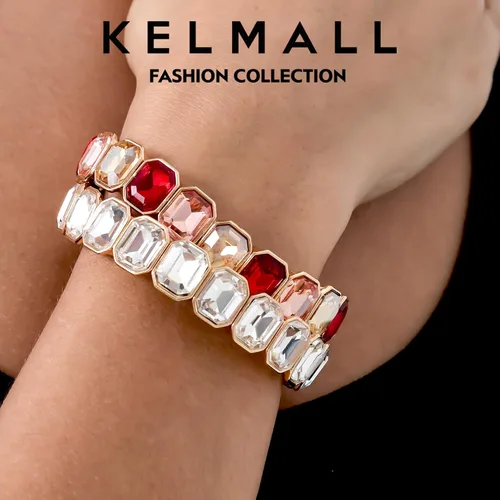 Vista 7 de KELMALL Trendy Crystal Exquisite Small Square Stretch Bracelet for Women, Party Proms Vibant Bling Rhinestone Elastic Bangle- Multi