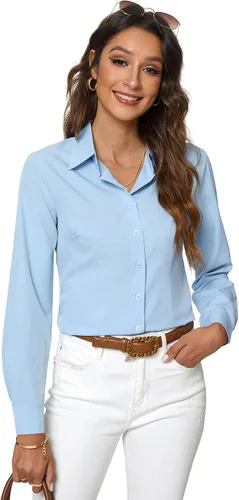 Vista 21 de Atnlewhi - Camisa de trabajo clásica con botones, manga larga, elástica, formal y casual para mujer