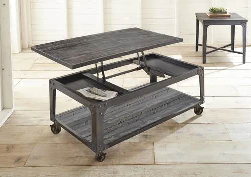 Vista 6 de Steve Silver Sherlock Mesa auxiliar cuadrada de estilo industrial, madera maciza maciza con base de hierro, acabado envejecido, mesa auxiliar