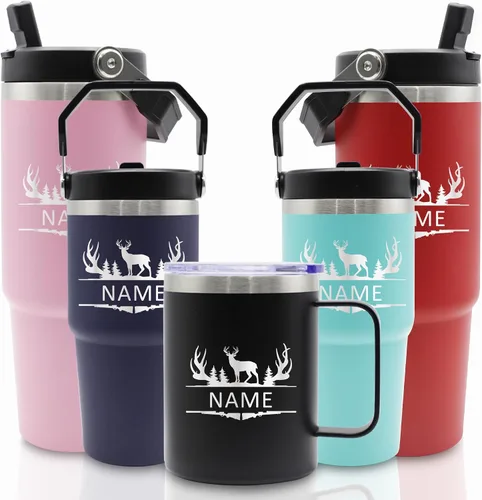 Vista 14 de Vasos de acero inoxidable grabados personalizados con nombres, tazas aisladas personalizadas con asa, taza de café de viaje, regalos para ella/él