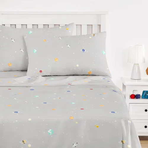 Vista 8 de Wake In Cloud - Sábanas espaciales para niños, 100% algodón, juego de sábanas de 4 piezas para niños, Galaxy Celestial Stars Rockets, Planets, ropa