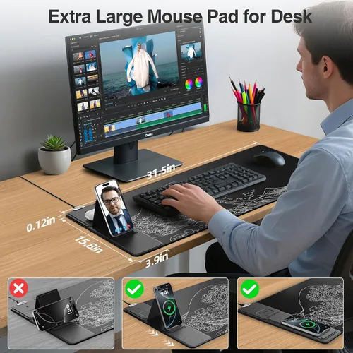 Vista 3 de Wireless Charging Mouse Pad with Foldable Phone Holder, 31.5"x15.8" Large Desk Mat for Laptop/Keyboard, Waterproof Ultra-Smooth Surface, Non-Slip