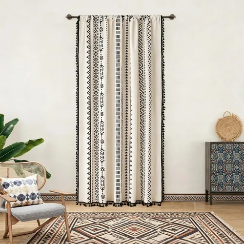 Vista 8 de Coral Fish Cenefa bohemia para ventana de cocina, cortinas geométricas para baño con patrones étnicos negros y flecos de macramé, cortina pequeña