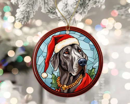 Vista 2 de Great Dane - Adorno de cerámica de vitral de Navidad, adorno colgante para árbol de Navidad, adorno de vitral de perro, adorno religioso