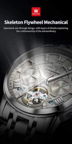 Vista 28 de OLEVS Relojes automáticos para hombre, oro de lujo, vestido de diamantes de cuerda automática, esqueleto mecánico, Tourbillon, reloj de pulsera