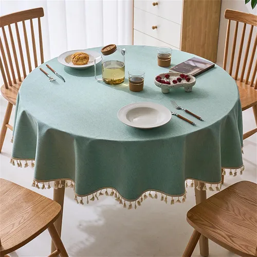 Vista 2 de Dimatic Mantel redondo con textura de lino con borla, impermeable, a prueba de derrames, para decoración de mesa de cocina, comedor, verde, redondo
