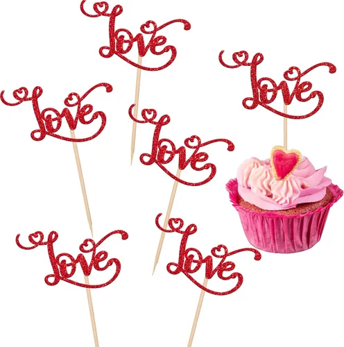 Vista 19 de Rsstarxi Paquete de 24 adornos para cupcakes para el día de San Valentín, con purpurina roja, dulce amor, para cupcakes, decoración de San Valentín