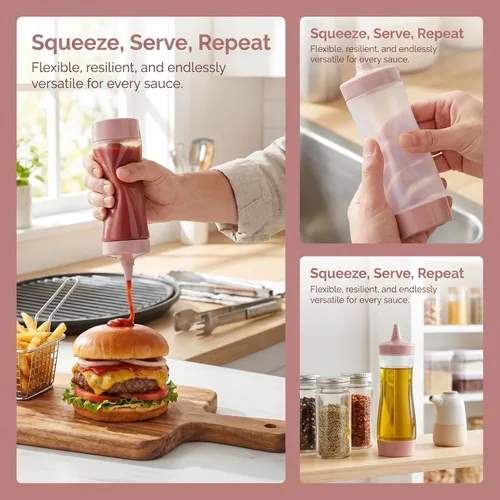 Vista 5 de 3 botellas exprimibles de condimentos para salsas, botella de plástico con tapa, aderezo, aceite, salsa de mostaza, dispensadores de salsa de tomate