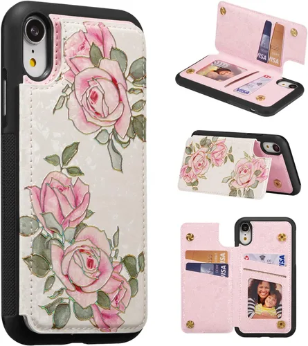 Vista 53 de UEEBAI Funda tipo cartera para iPhone 13 con tarjeteros, piel sintética, diseño floral, función atril, bloqueo RFID, doble cierre magnético, funda