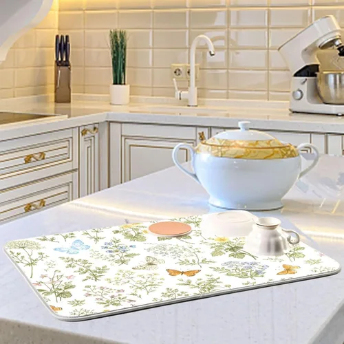 Vista 6 de Tapete de secado de platos con flores botánicas y mariposas para encimera de cocina, absorbente, almohadilla de secado de microfibra, grande 18x24