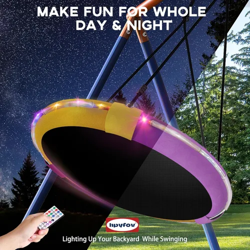 Vista 4 de Juego de columpios para niños 5 en 1 para patio trasero con trampolín, soporte de marco en A resistente de 880 libras, soporte de metal