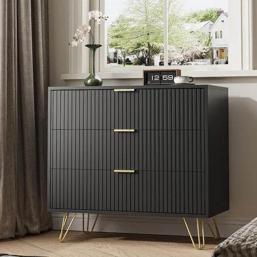 Vista 5 de MAISONARIA Cómoda negra de 3 cajones para dormitorio, cómoda moderna de armario, cómoda acanalada con asas de metal dorado, mesita de noche