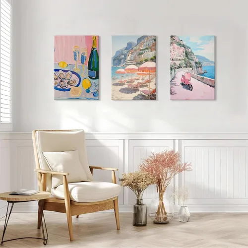 Vista 4 de HNNXAR Amalfi Coast - Lienzo decorativo para pared, pintura italiana de playa, pintura artística italiana, fruta, champán, juego de 3, decoración