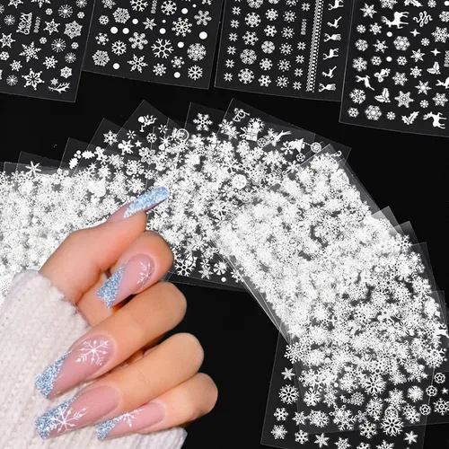 Vista 11 de 10 hojas de calcomanías de uñas de Navidad 3D con copo de nieve - Diseño de purpurina autoadhesiva blanca, decoraciones de invierno para Navidad