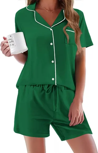 Vista 25 de Ekouaer - Conjunto de pijamas de manga corta para mujer, con botones, suave, 2 piezas, conjuntos de descanso, tallas XS-XXXL Verde Aqua