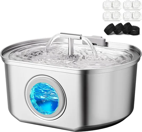 Vista 12 de Fuente de agua para gatos de acero inoxidable - Fuente de agua para mascotas para gatos en interiores - Dispensador automático de agua de 2.2L/74oz