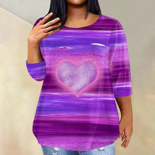 Vista 4 de FlekmanArt Camisas para mujer, cuello redondo, manga larga, talla grande, estampado para el día de San Valentín, blusas ligeras