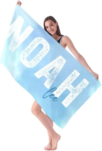 Vista 3 de Toalla de playa personalizada con nombre para playa, piscina, diversión de verano, regalos para niños, adultos y parejas (azul)