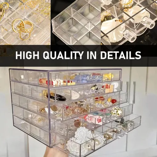 Vista 4 de CHADWICK Caja organizadora de joyas de acrílico con cajones de 5 capas y 120 rejillas, organizador transparente para aretes con tapa, caja