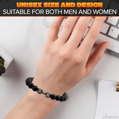 Vista 5 de Lava Beads Gym Bracelets for Men - 8mm Lava Rock Bracelet Natural Stone, Men Stretch Bracelet Bead Bracelet for Women- Alloy Dumbbell Bracelet
