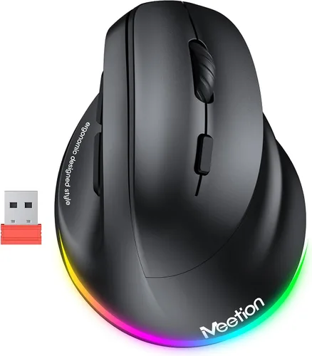 Vista 11 de MEETION Ratón ergonómico para zurdos, ratón inalámbrico vertical RGB recargable, Bluetooth (5.2 + 3.0) y USB-A con adaptador USB-C, 4 DPI