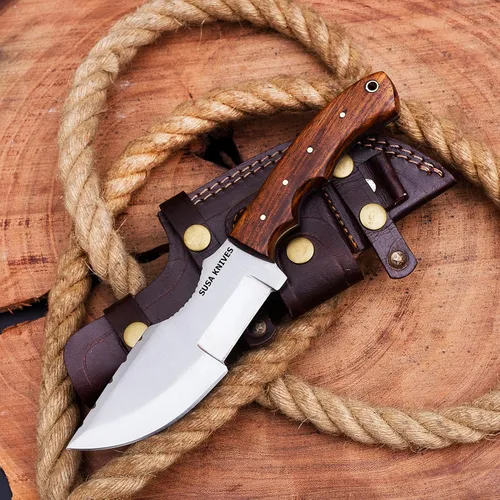 Vista 7 de Cuchillo de acero D2 hecho a mano - Cuchillo de supervivencia - Cuchillo de camping táctico para caza con funda, hoja fija, transporte horizontal