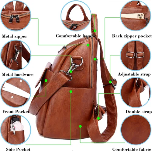 Vista 6 de Mochila de Moda para Mujer Bolso Impermeable Mochilas Escolares Viajes Compras Mochila Convertible Bolsa de Hombro para Damas Rojo-Marrón