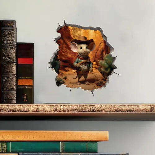 Vista 2 de Adhesivo de pared 3D con agujero de ratón de vaquero y ratón