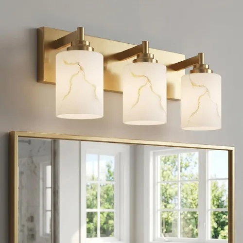 Vista 24 de Juego de 2 apliques de pared dorados con pantalla de vidrio de mármol, accesorios modernos de tocador de baño para dormitorio, pasillo, entrada