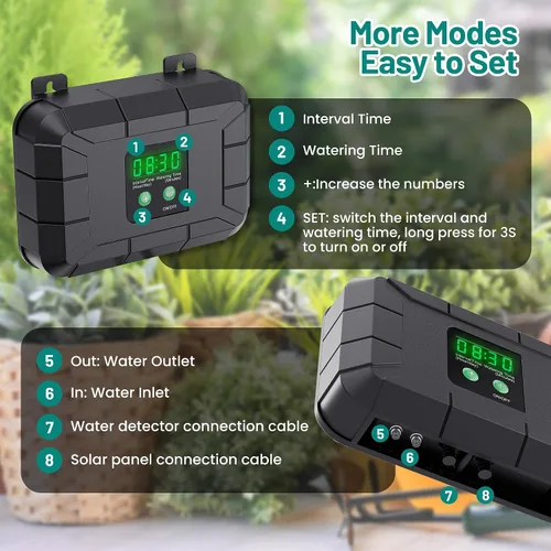 Vista 3 de Kit de riego por goteo automático Biling, sistema de riego solar de 8W con batería para jardín con modos de temporización programables digitales