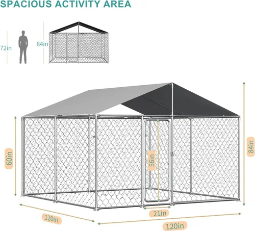 Vista 3 de Perrera grande para perros al aire libre de 10'x10', perrera para perros de acero galvanizado resistente afuera con cubierta impermeable resistente