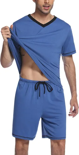 Vista 2 de Ekouaer Conjunto de pijama para hombre, manga corta, cuello en V, 2 piezas, pantalones cortos con bolsillos, ropa de dormir de verano para hombre