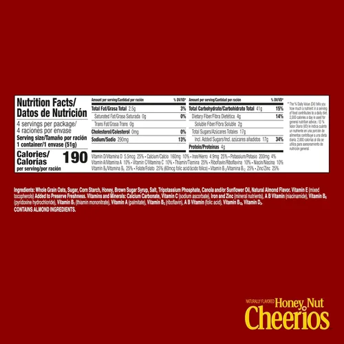 Vista 2 de Copas de cereales para desayuno Honey Nut Cheerios, cereal sin gluten, porciones individuales, 4 paquetes de 7.2 onzas