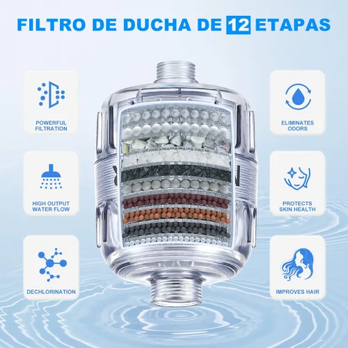 Vista 6 de Filtro de ducha, mejora la textura de la piel y el cabello, suaviza el agua dura, filtro de 15 capas para reducir productos químicos, elimina