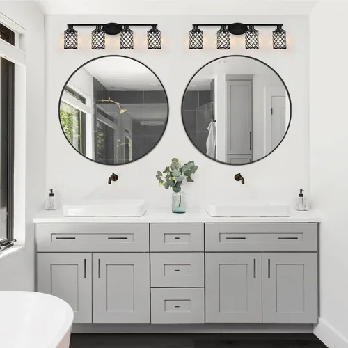 Vista 5 de Moderna lámpara de tocador de baño de cristal negro con 4 luces, montaje arriba/abajo, E26, espejo de pared con cable para baño, tocador, vestidor